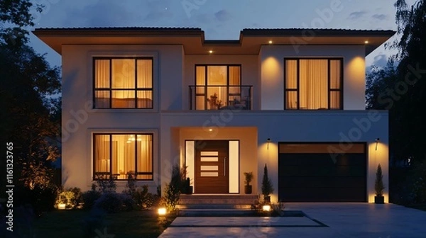 Fototapeta modern simple house design with night lights and a front view, creating a perfect blend of evening charm and architecture