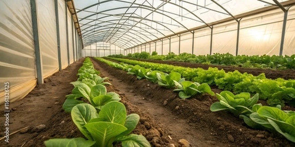 Obraz Greenhouse interior showcasing rows of lush green leafy vegetables growing in well-maintained soil, illustrating organic gardening practices and sustainable agriculture. 
