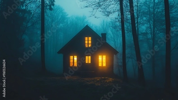Fototapeta Dark forest scene with eerie glowing windows of a small house at night. Cinematic and mysterious, perfect for horror or fantasy projects. Atmospheric and spooky ambiance.