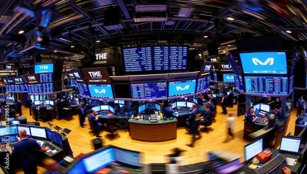 Obraz A vibrant and bustling stock exchange trading floor with numerous monitors displaying market data, traders working at desks, and illuminated NYSE signage. Generative, AI,