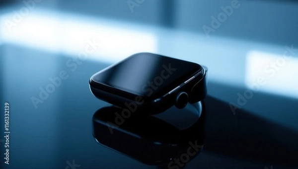 Fototapeta Close-up of a sleek black smartwatch resting on a reflective surface, symbolizing modern technology, wearable devices, and minimalistic design. Generative, AI,