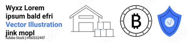 Fototapeta Warehouse with boxes, cryptocurrency coin with B symbol, blue shield with checkmark. Ideal for ecommerce, logistics, digital currency, online security, warehouse management, fintech, blockchain
