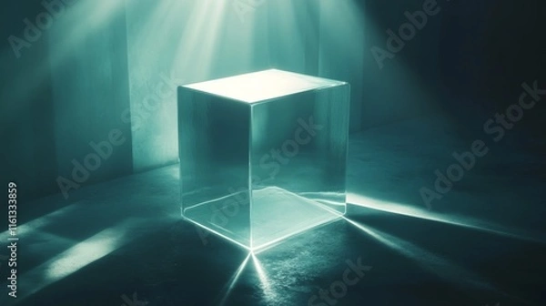 Fototapeta Illuminated glass cube on dark floor, teal lighting.