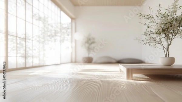 Fototapeta Japanese minimalist space with wooden flooring and plants