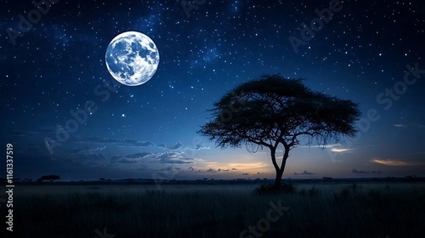 Fototapeta Stunning night sky over African savannah with full moon, stars, and tree silhouette. Ideal for nature, safari, and travel concepts. Space for text, versatile for various designs.