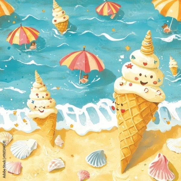 Fototapeta Happy Ice Cream Cones Enjoying a Summer Beach Day