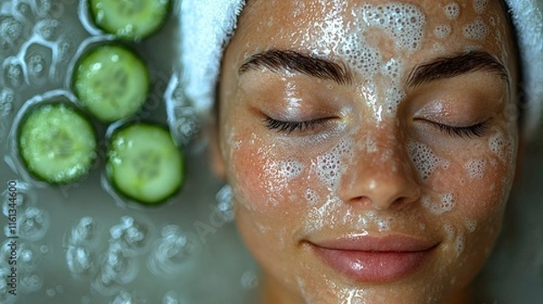 Fototapeta Cucumber Face Mask Bubbles Spa