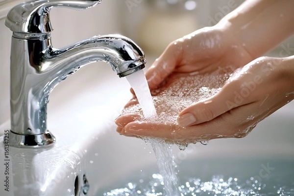 Fototapeta Close-up of woman's hands washing under kitchen tap, water flowing, evoking fresh and clean sensation. Perfect for hygiene or household themes.