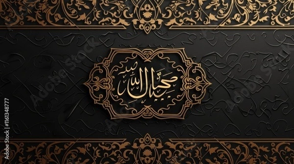 Fototapeta Black and gold background with Arabic writing that says "Sala Allah". The image has a religious theme and is likely meant to convey a sense of reverence and respect for Allah