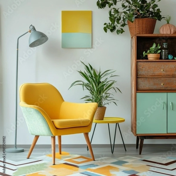 Obraz Geometric carpet and rustic cupboard in a cozy living room with yellow and mint chairs at a table with pastel lamps.