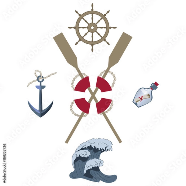 Obraz Oars and steering wheel with lifebuoy and anchor bottle and wave marine theme flat