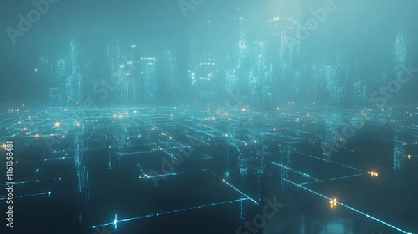 Fototapeta Futuristic Cityscape  Digital Network  Smart City  Technology  Innovation  Glow  Lines  Ab