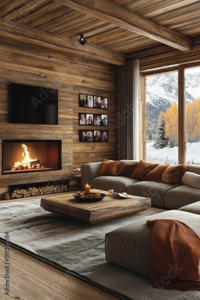 Fototapeta A warm and inviting living room showcases a comfortable sofa, a fireplace, and family photos against a rustic backdrop