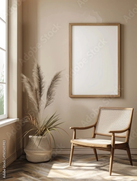 Fototapeta Simplicity and elegance characterize this modern living room setup, featuring a wooden mirror with empty canvas, a cozy armchair, and a potted plant that adds a touch of nature to the space.