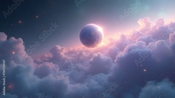 Obraz Dreamy Ethereal Planetary Landscape, Glowing Celestial Body in Pastel Nebula Cloudscape