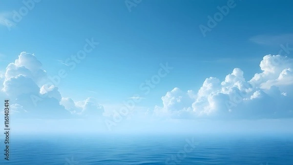 Fototapeta Serene Blue Sky, Wispy Clouds, and Calm Ocean, Breathtaking Panorama of Endless Cerulean Horizon