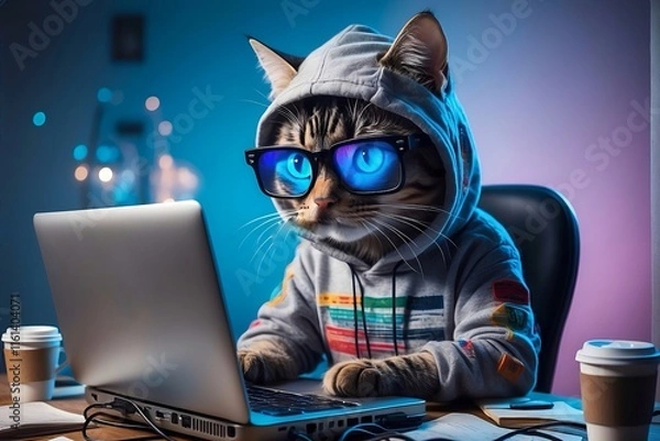 Obraz A cute programmer cat in a hoody with laptop