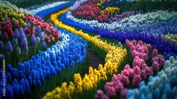 Fototapeta Colorful hyacinth flowers blooming in a curving garden path.