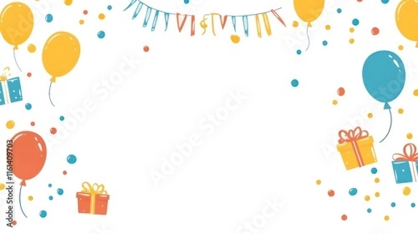 Obraz Festive birthday background with balloons, gifts, confetti, and bunting.