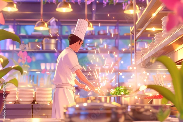 Fototapeta culinary mastery, a proficient chef in a busy kitchen, donning traditional attire, orchestrates a culinary symphony amidst the hustle, creating delightful dishes with finesse