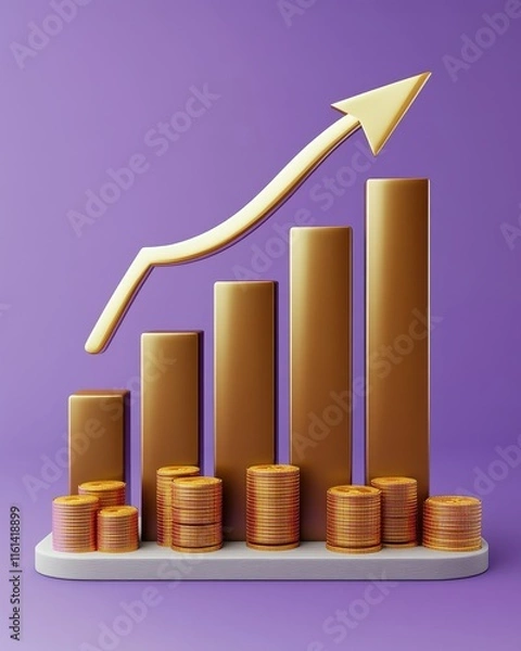 Fototapeta Stylized financial growth chart featuring golden bars and coins, symbolizing prosperity and investment success.