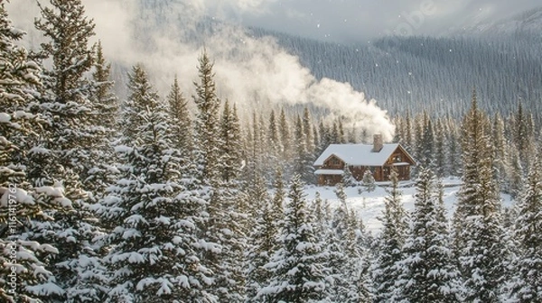 Fototapeta Winter wonderland: snowy pine forest with distant cabin scenery for seasonal inspiration