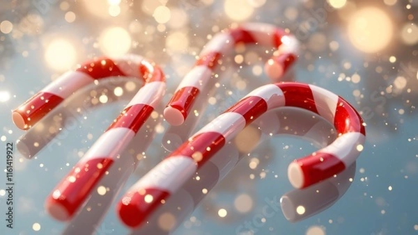 Fototapeta Festive Red and White Striped Candy Canes on Glassy Background, Sparkling Christmas Sweets, Golden Light, Soft Focus