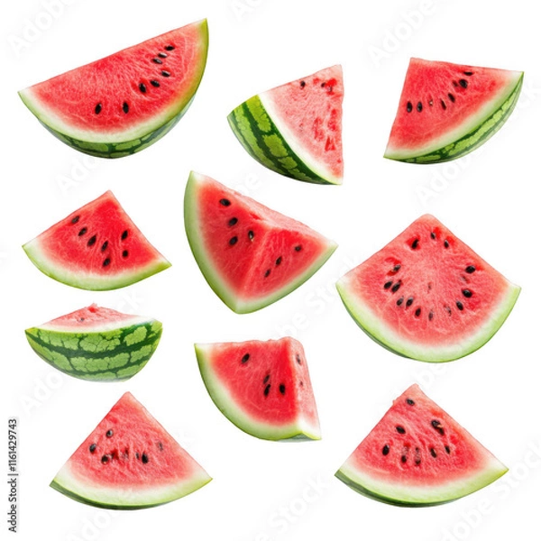 Fototapeta Collection of watermelons with half slices falling or floating, celebrating freshness and summer vibes. 