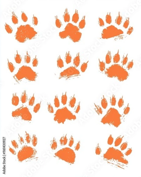 Fototapeta Orange animal paw prints arranged in a grid pattern on a white background, creating a playful and artistic vibe.