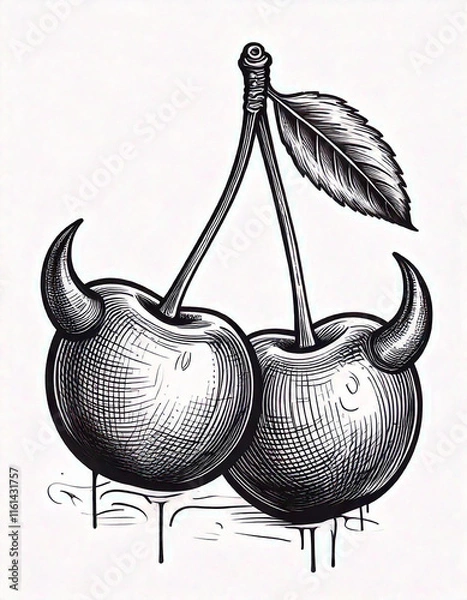 Obraz cherry with devil horns drawn design for t-shirt graphics, banner, fashion prints, slogan tees, stickers, flyer, posters and other creative uses