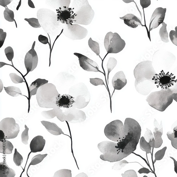 Fototapeta Elegant monochrome floral pattern featuring delicate black and white flowers and leaves.
