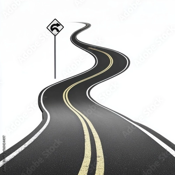 Fototapeta A winding road curves gracefully, marked by a sharp turn road sign against a soft white background.