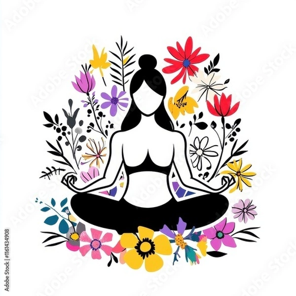 Fototapeta A serene woman practicing yoga in a meditative pose amidst a vibrant floral backdrop, embracing tranquility.