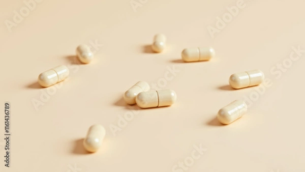 Fototapeta Image of multiple capsules of magnesium glycinate on a surface.