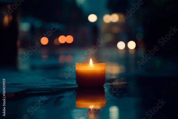 Fototapeta A single lit candle in a dark setting, symbolizing reflection, memory and hope