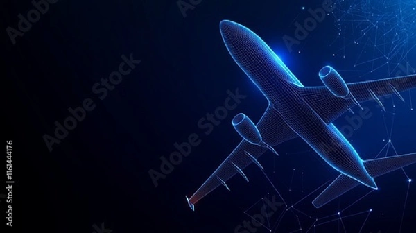 Fototapeta 3D abstract airplane wireframe vector Airliner on blue background Low poly mesh of dots lines and glowing stars for travel concept