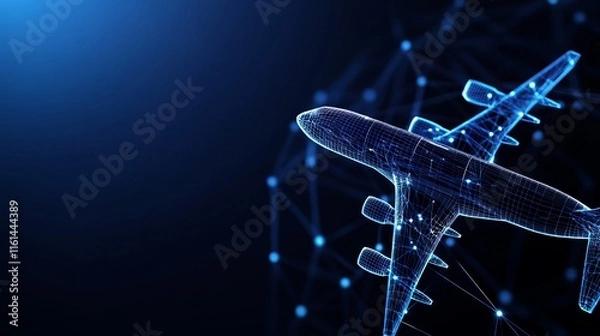 Fototapeta 3D abstract airplane wireframe vector Airliner on blue background Low poly mesh of dots lines and glowing stars for travel concept