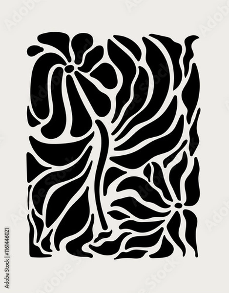 Obraz Hand drawn black organic shapes on a cream background. Elegant poster or greeting card. Abstract background.