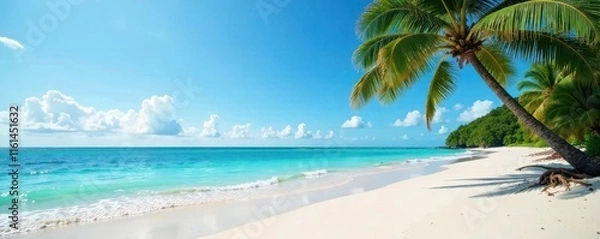 Fototapeta Serene ocean waves gently lap against the shore of a pristine beach where a solitary tree stands tall amidst swaying palm fronds , sand, water