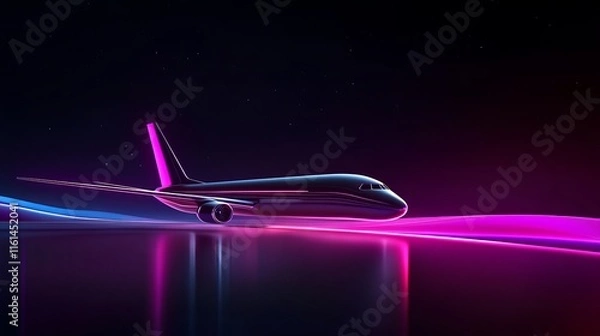 Fototapeta Digital airplane flying into the distance Geometric polygonal airliner on a night sky background Travel and technology vector