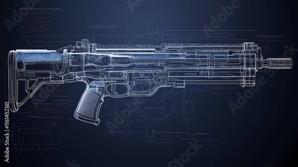 Fototapeta Photorealistic blueprint of a gun's stock and recoil pad, with close-up details of the buttstock mechanism and ergonomic features. Reverberate. Illustration