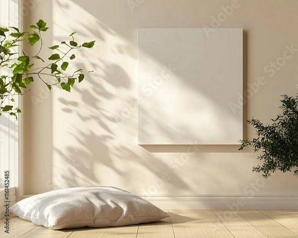 Fototapeta White Canvas on Beige Wall with Green Foliage Accents, Soft Focus for Elegant Look