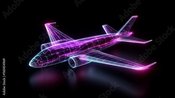 Fototapeta Hologramstyle plane made of polygons dots and lines Lowpoly wireframe structure Technology concept vector