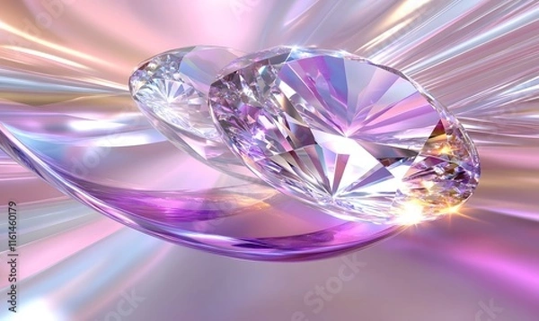 Fototapeta Two sparkling diamonds on iridescent surface.