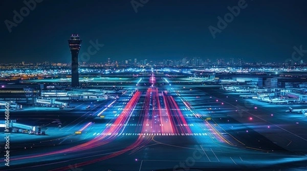 Fototapeta Night view of airport runway with light trails and control tower.