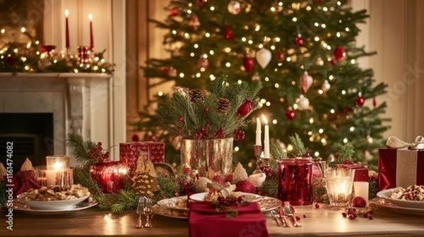 Fototapeta Festive Christmas table setting with decorated tree and fireplace in background.
