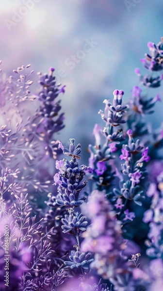 Fototapeta Field of purple flowers with a blue sky in the background