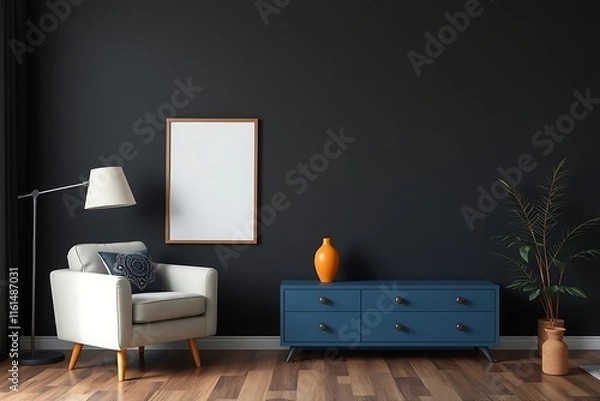 Fototapeta Modern Living Room Mockup with Black Wall 