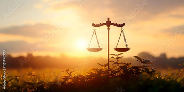 Fototapeta Scales of Justice at Sunrise. A pair of scales symbolizing justice and ethics, set against a serene sunrise in a natural field, highlighting the balance of moral values and virtue.