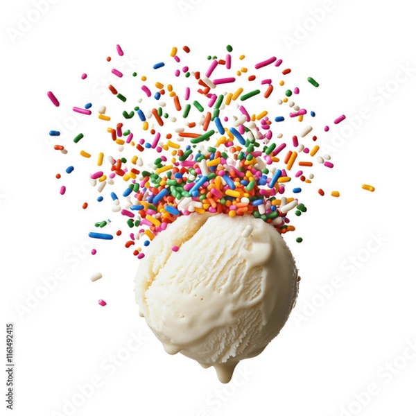 Fototapeta A scoop of creamy vanilla ice cream topped with vibrant rainbow sprinkles, creating a playful and delicious dessert